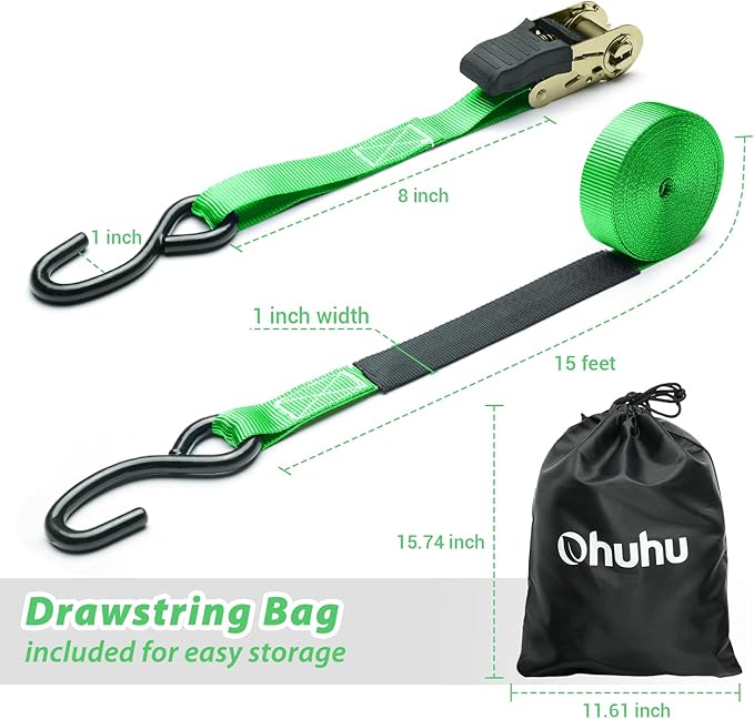 Ratchet Tie Down Strap 8-Pack 15 Ft - 500 lbs Load Cap with 1500 lbs Breaking Limit, Ohuhu Ratchet Tie Downs Logistic Cargo Straps for Moving Appliances, Motorcycle, Green