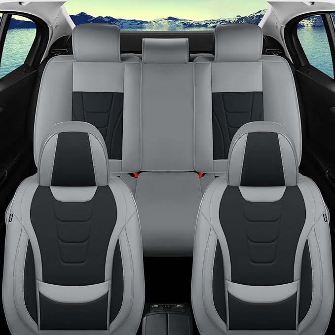 Car Seat Covers for Full Set – Waterproof & Breathable Faux Nappa Leather, 360° Wrap Design, Airbag Compatible, Lumbar Support, Great for Drivers Who Need Driving Comfort,Gray and Black