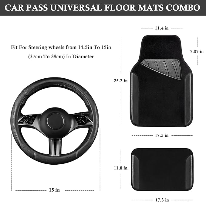 CAR PASS Microfiber Leather Steering Wheel Cover and Waterproof Car Floor Mats,Universal Car Combo Fit for 95% Sedan,SUV,Cars,14.5-15inch Anti-Slip Safety Comfortable Faux Leather Design(Solid Black)
