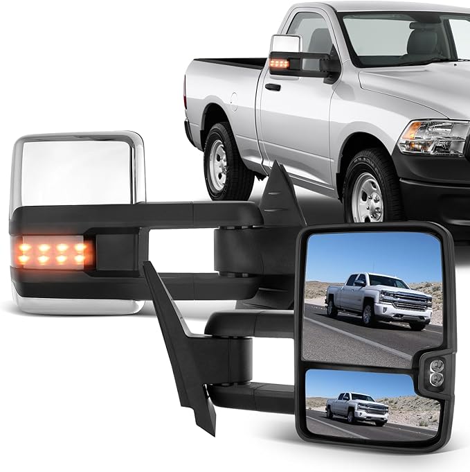 ECCPP Tow Mirrors for 2007-2014 for Chevy Silverado for GMC Sierra Towing Mirrors Chrome Housing Power Heated Signal Light Pickup Pair Driver Side and Passenger Side