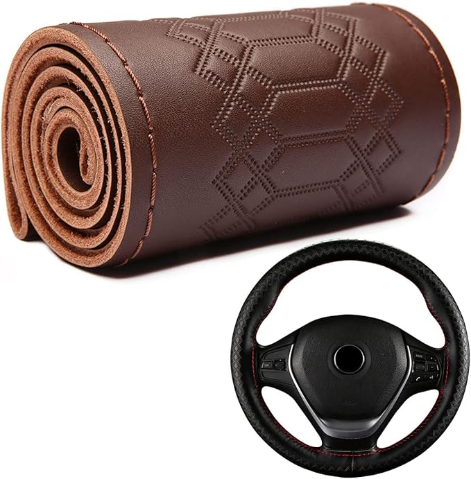 DEEYOTA Car Steering Wheel Cover Universal Fit Round Stitch Steering Wheel Wrap Thin PU Leather Steering Wheel Cover Sewn on 15" Car Wheel (Coffee)