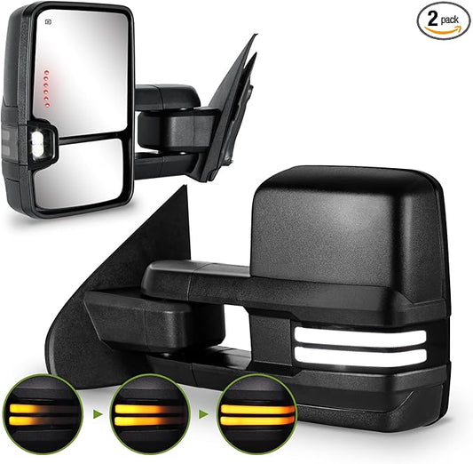 Towing Mirrors for Chevy Silverado/GMC Sierra 1500 (2014-2018), 2500HD/3500HD (2015-2019) Switchback Dynamic Turn Signal/Running Lights Power Heated (Textured Black)