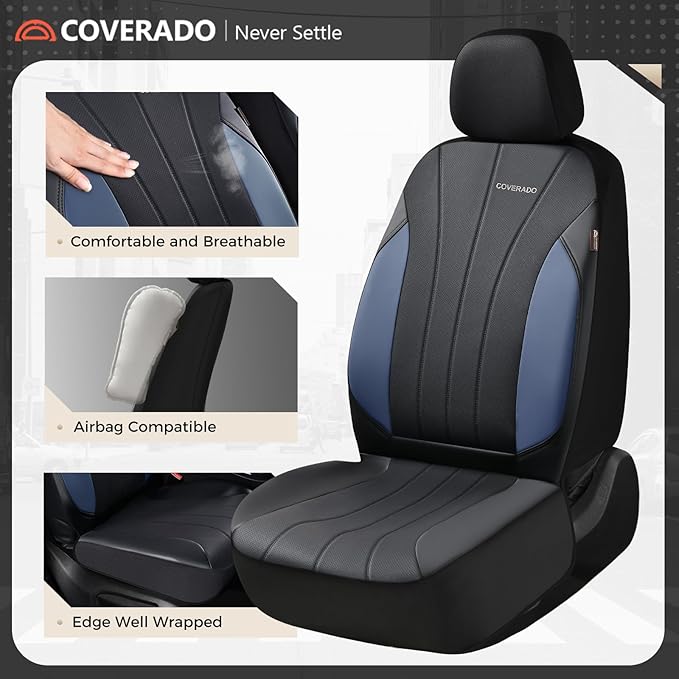 Coverado Seat Covers, Car Seat Covers 2 Seats, Luxury Leather Seat Protectors Front Seats, All-Weather Protection, Auto Seat Covers Full Set Universal Fit for Most Vehicles SUV Truck Sedan