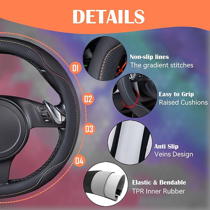 CAR PASS Colour Piping Leather Universal Fit Steering Wheel Cover,Perfectly fit for 14.5-15 inches for Various Vehicles Suvs,Vans,Trucks,Sedans,Cars(Black Multicolor)