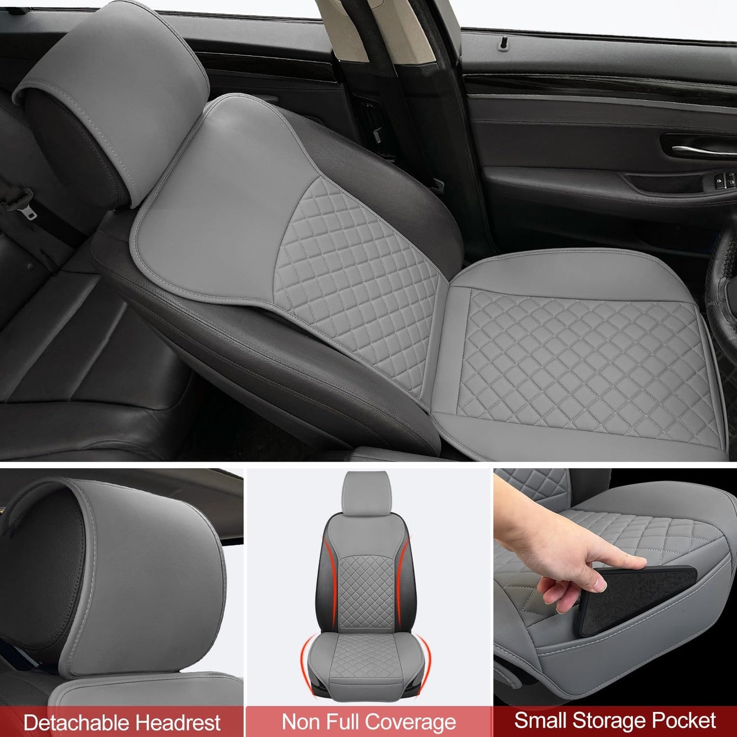 2 Pack Leather Front Seat Covers, Universal Sideless Car Seat Protectors, Waterproof Automotive Seat Cover for Most Cars Trucks SUV(Gray)