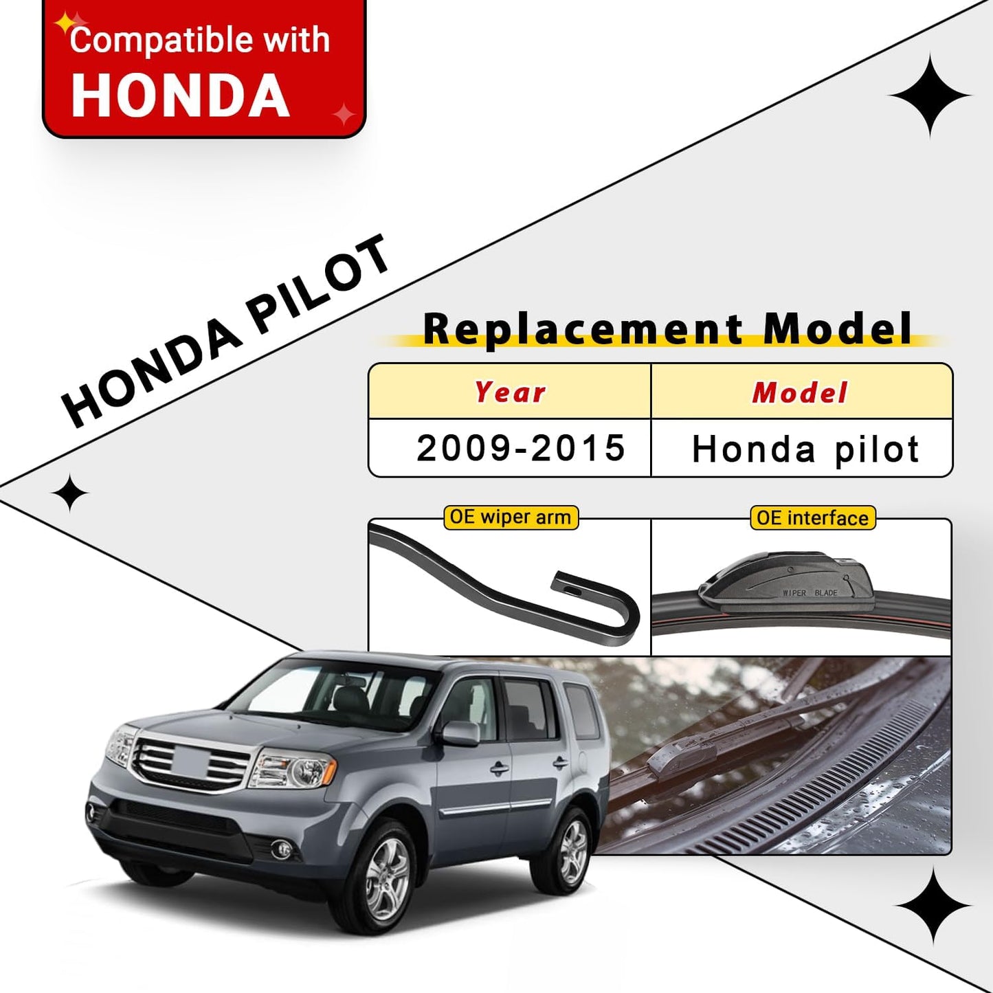 Windshield Wiper Blade Set Replacement for 2009-2015 Honda Pilot Original Equipment Replacement Front Rear Wiper Blades - 22"/21"/14" (Pack of 3)