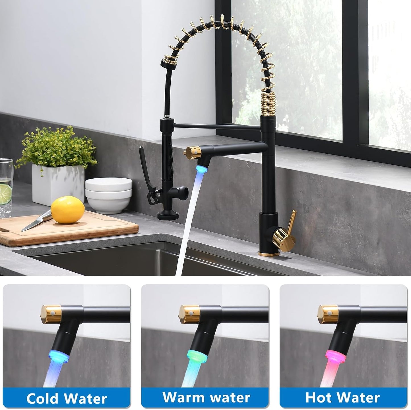 Fapully LED Kitchen Faucet with Pull Down Sprayer,Black&Gold Commercial Kitchen Faucet for Kitchen Sink
