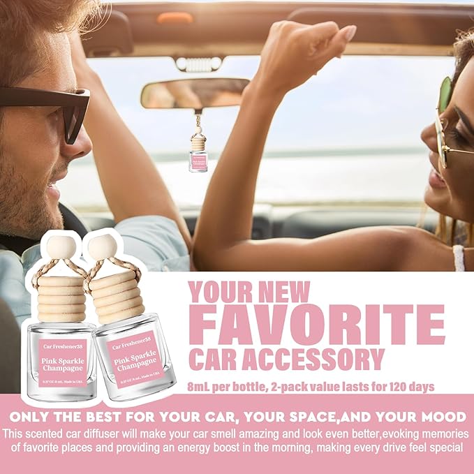 HoogaLife Car Air Freshener Diffuser 2 Pack Hanging Air Freshener Diffuser - Pink Sparkle Champagne Fragrance Oil Air Diffuse r for Car, 45+ Days Long Lasting Fragrance Made in USA (P38)