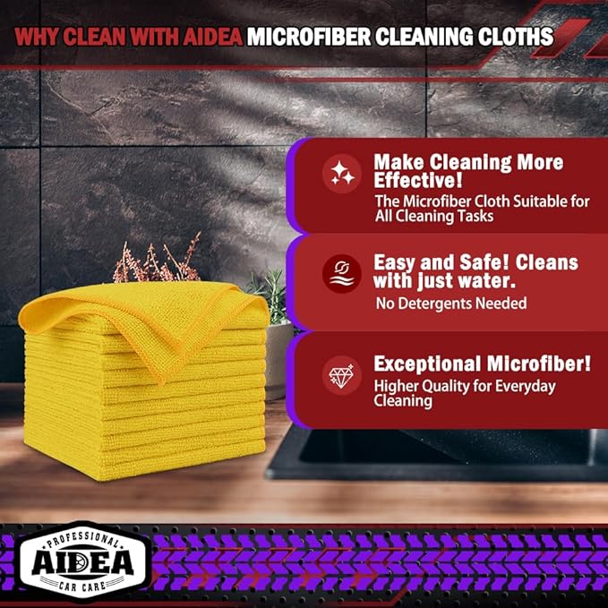 AIDEA Microfiber Cleaning Cloth, 10PK, Microfiber Towels for Cars, Premium All Purpose Car Cloths, Dusting Cloth Cleaning Rags, Absorbent Towels for SUVs, House, Kitchen, Window, 12"×12", Yellow