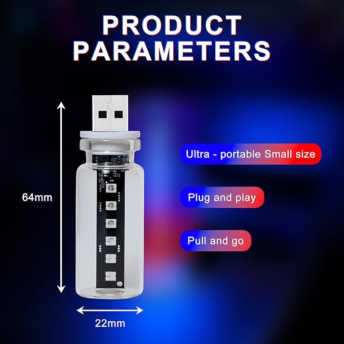 7 Color RGB Car USB Night Light, Touch Dimmable LED Filament Lamp - Color Changing Vintage Glass Bottle Light for Car Interior, Bedroom, Camping Decor