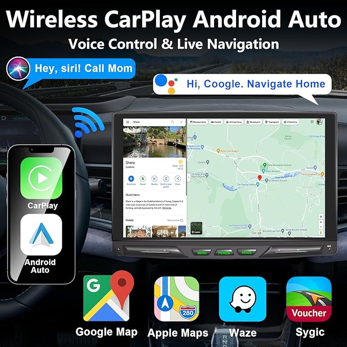 10.1" Detachable and Adjustable Single Din Car Stereo Wireless Apple Carplay &Android Auto with 1280 * 800 IPS Touch Screen, Bluetooth 5.2/Voice Control/Subwoofers/FM/AM/SWC/Free Backup Camera
