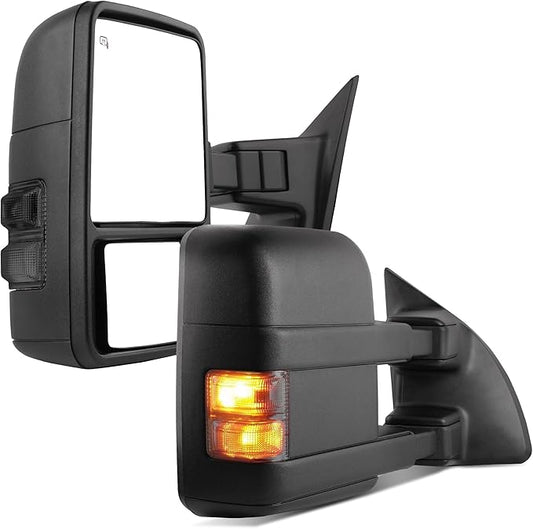 DWVO Extendable Towing Mirrors for Ford F250 F350 F450 F550 Super Duty 1999-2007 & Excursion 2001-2005 - Power Heated with Smoke Signal Lights, Dual Arm Telescoping Design