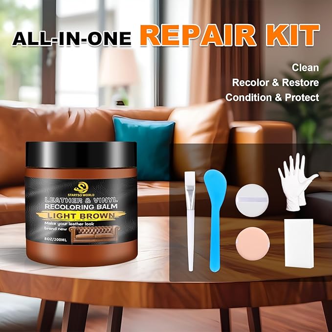 STARTSO WORLD Light Brown Leather Recoloring Balm, Leather Repair Kit for Furniture,Couches & Car Seats, Leather Paint, Leather Color Restorer, Leather Scratch Remover