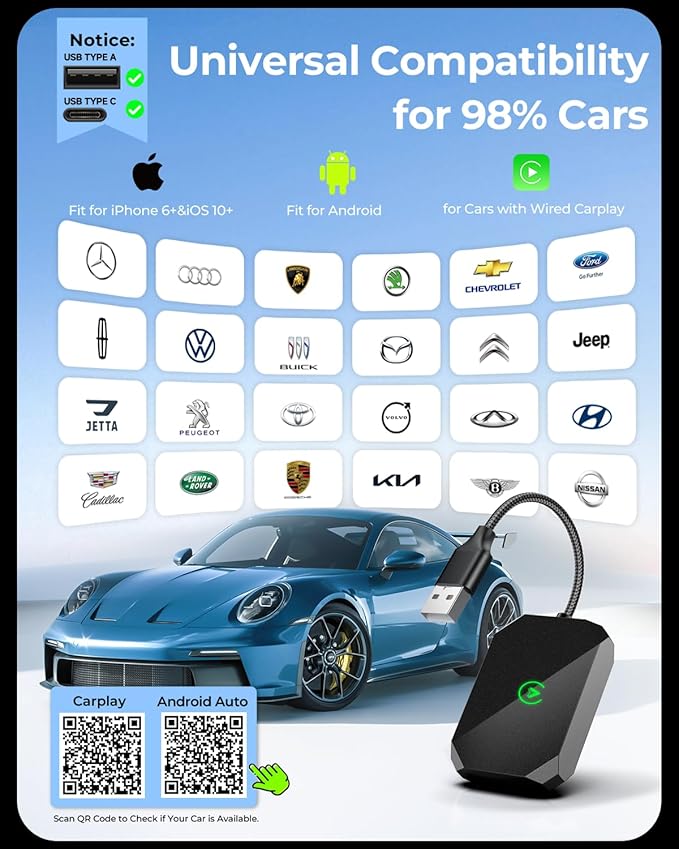 2 in 1 Wireless Carplay Adapter for iPhone Apple & Android Auto Wireless Adapter, [0 Delay & Stable Transmission] 5.8GHz Dual-Core Smart Chip Plug & Play Phone for iOS 10+/Android 11+ 2025 Black