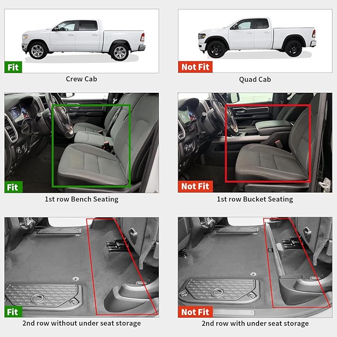 LASFIT Floor Mats for Ram 1500 Crew Cab 2019-2024 Bench Seat (NOT for Bucket Seat) Without Rear Under-Seat Factory Storage 4 Full Size Doors, All Weather TPE Custom Fit 1st & 2nd Row, Black