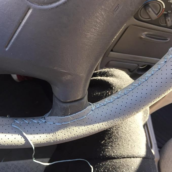 Onerbuy Universal Leather Car Steering Wheel Stitch On Wrap Cover DIY Sewing Breathable and Anti Slip, 15-Inch (Gray)