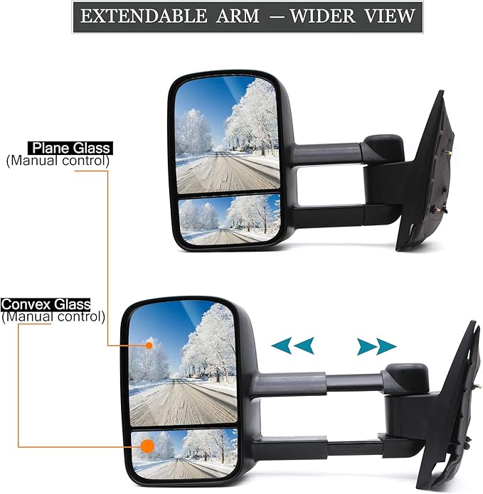ReYee Towing Mirrors fit for 2007-2014 Chevy Silverado 1500 2500 3500 Suburban Avalanche Tahoe GMC Sierra Yukon Tow Mirrors with Manually Adjustment Manual Folding Telescoping Black Cap