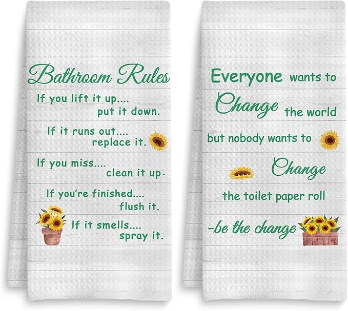 Funny Bathroom Rules Decorative Hand Towels Set of 2, Rustic Farmhouse Hand Towels for Bathroom Decor, 16x24 Inch(Sunflower Style)