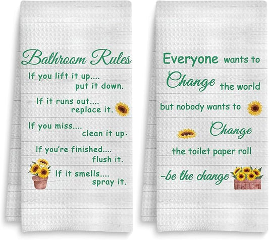 Funny Bathroom Rules Decorative Hand Towels Set of 2, Rustic Farmhouse Hand Towels for Bathroom Decor, 16x24 Inch(Sunflower Style)