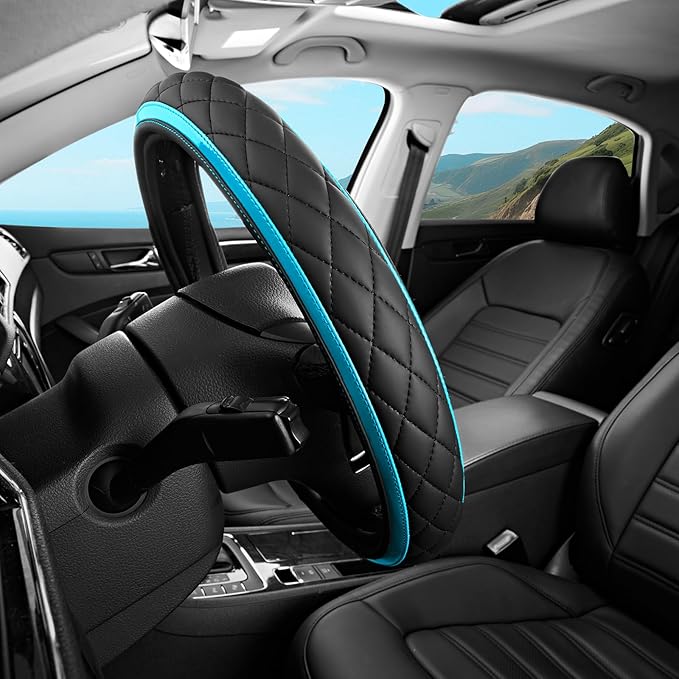 Road Comforts Leather Steering Wheel Cover – Black & Blue, Universal Fit 14.5-15 Inch, Microfiber Leather, Anti-Slip & Breathable Design for Men and Women