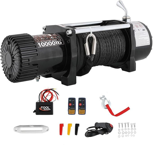 12V 10000LBS Electric Winch Synthetic Rope Electric Winch for Towing ATV/UTV Off Road with Mounting Bracket Wireless Remote,Black