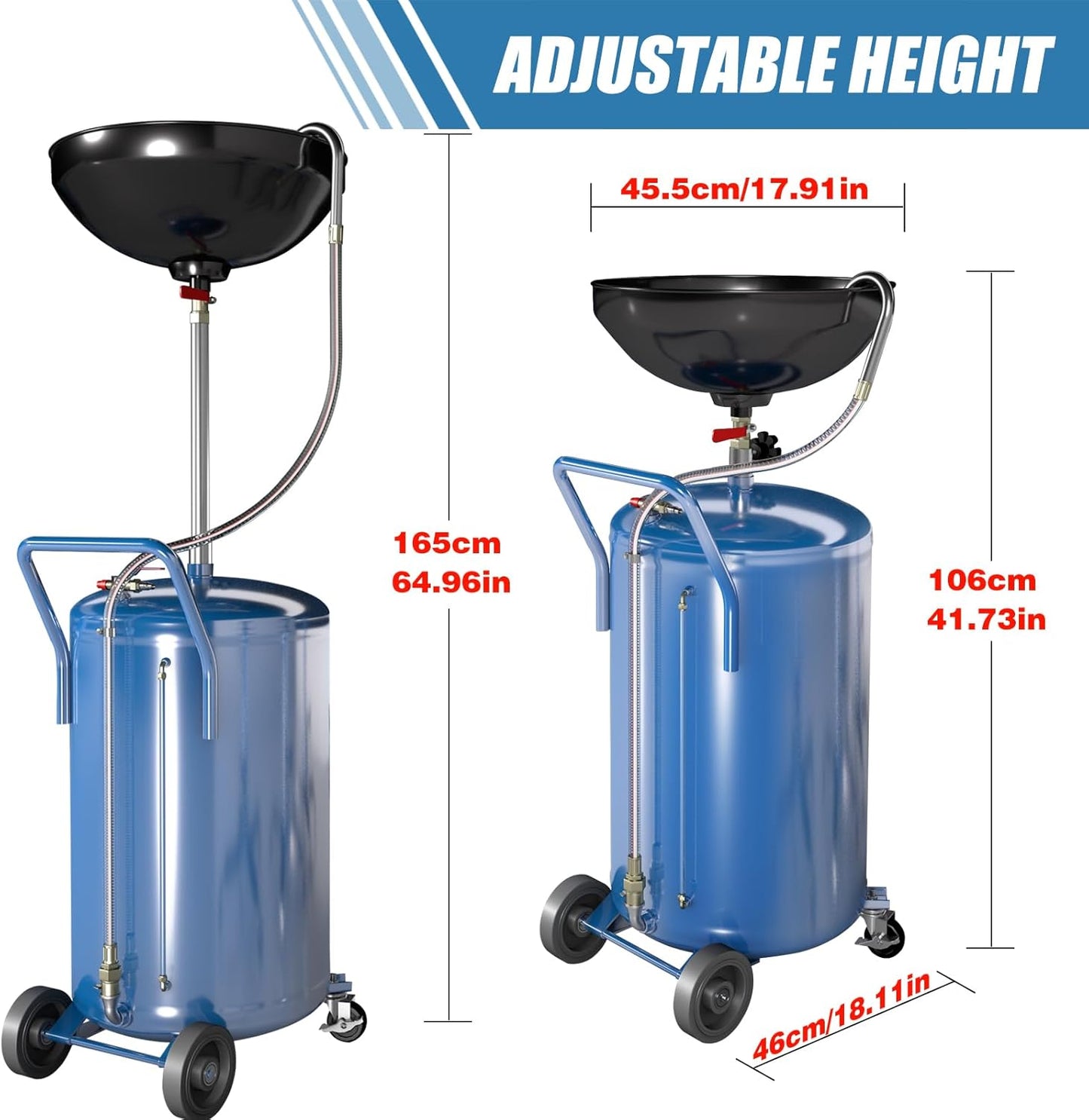 20-Gallon Waste Oil Drain Tank, Portable Air Operated Oil Drains with 360 ° Wheels,Oil Drain Container with Adjustable Funnel Height, Oil Change Container Suitable for Car Repair Shops and Garages