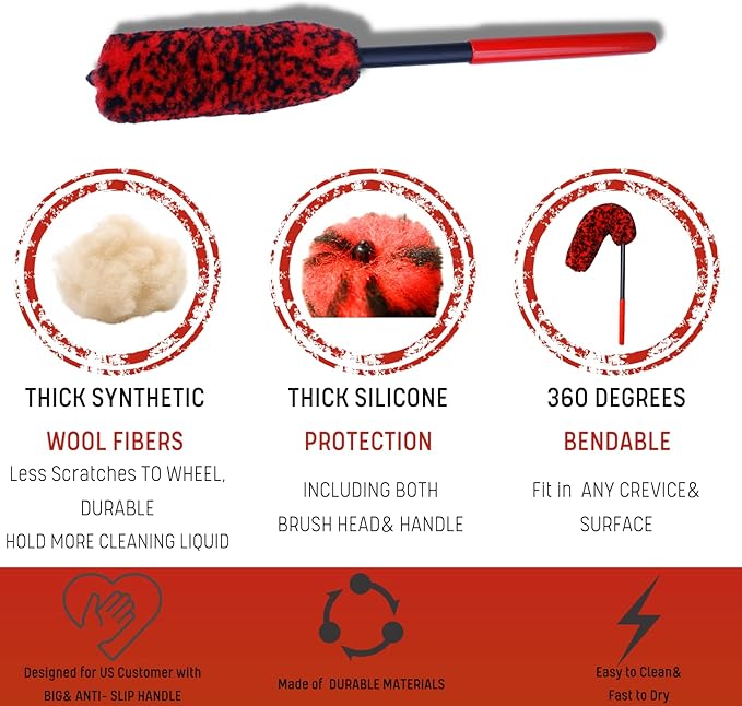 Professional 4 Pack Long Handle Wheel Brush Kit for Cleaning Wheel and Tire- 2X Soft Wheel Cleaning Brush, Detailing Brush and Stiff Tire Brush, Bendable& Durable Wheel Rim Cleaner Brush Set