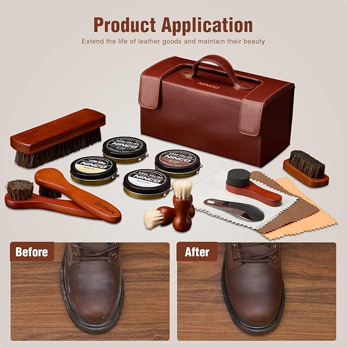 NINGO Leather Shoe Polish Kit, 16pcs Shoe Shine Kit with 6 Horsehair Brushes, 3 Black Brown Neutral Shoe Polish & Mink Oil