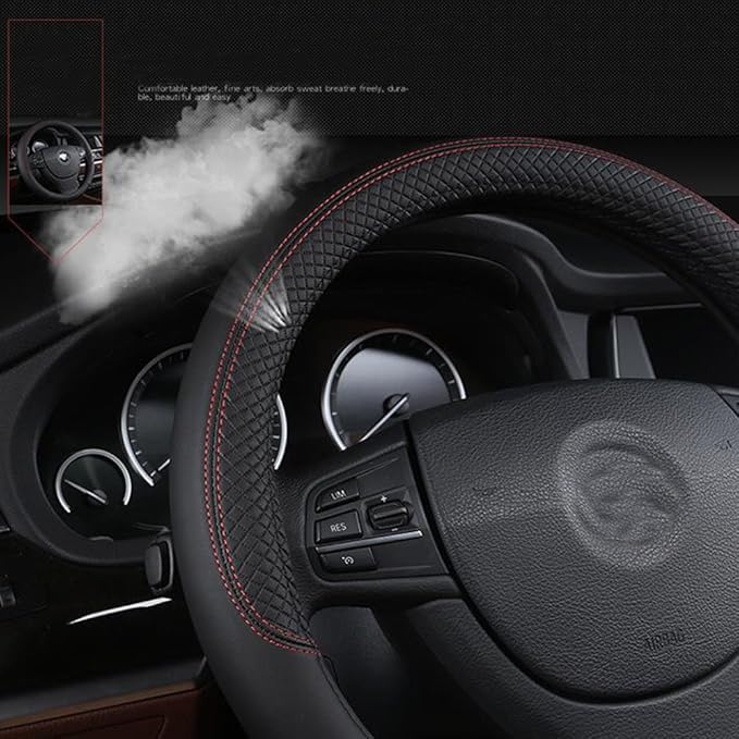 SHIAWASENA Car Steering Wheel Cover, Leather, Universal 15 Inch Fit, Anti-Slip & Odor-Free (Black&Blue)