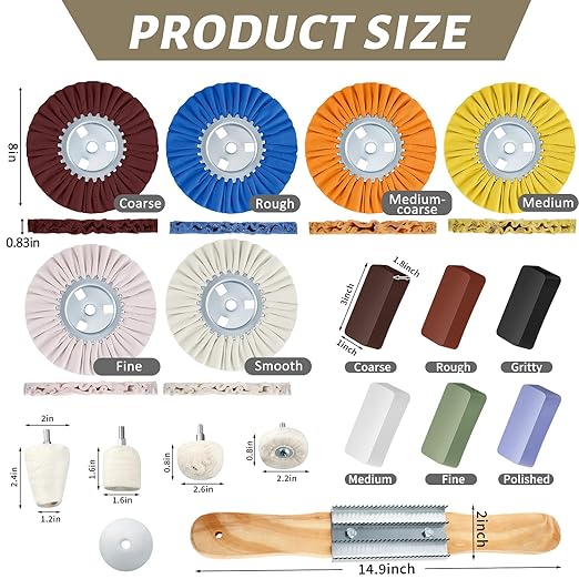 Liliful 18 Pcs 8" Airway Buffing Wheel, Aluminum Wheel Polishing Kit in Diameter 5/8 Inch Arbor Hole, Polishing Compound and Aluminum Metal Rake Kit for Angle Grinder Mirror Finish