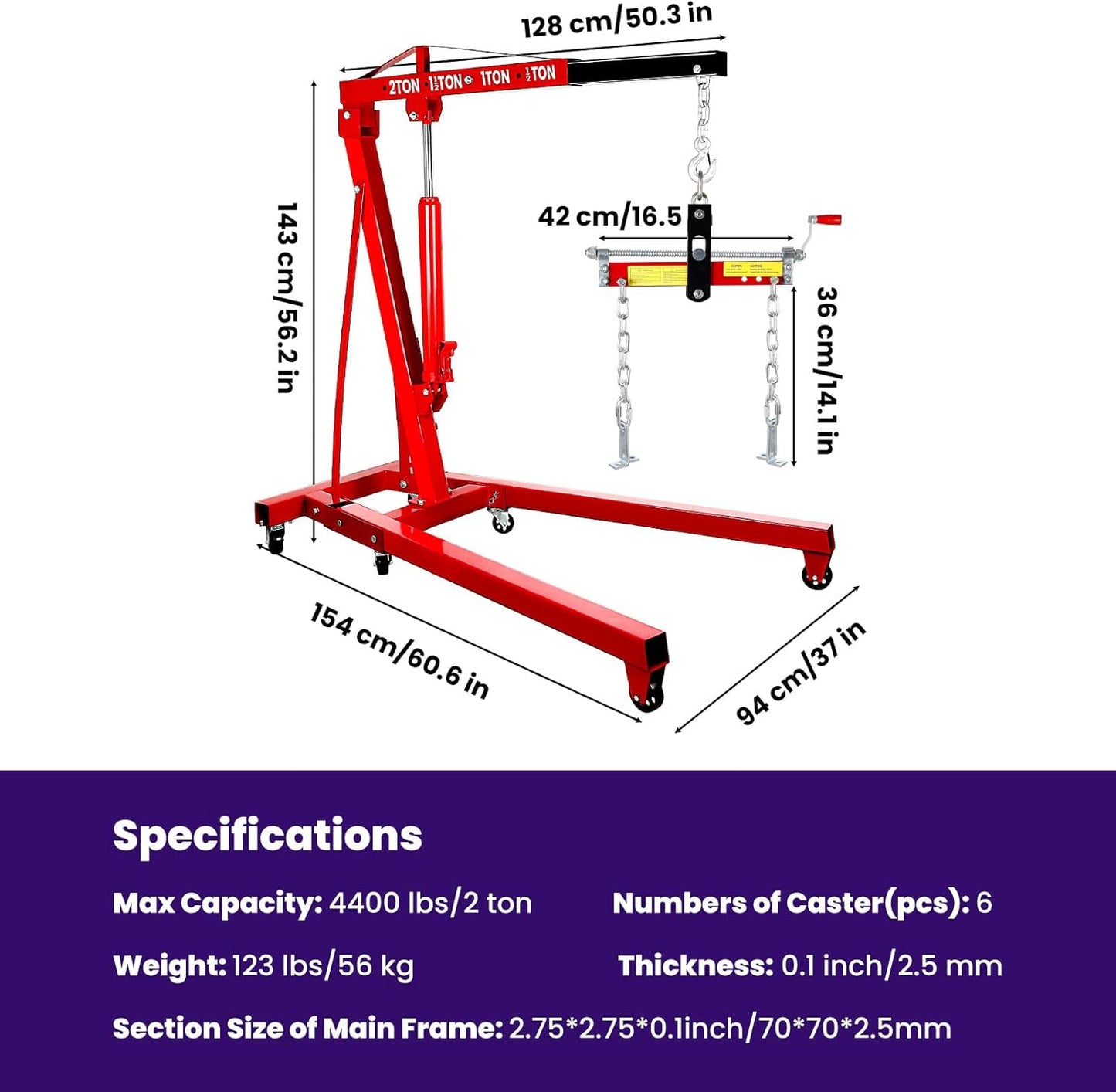 RQR Engine Hoist 2 Ton, Hydraulic Cherry Picker Engine Lift Crane with Leveler, Foldable Shop Crane with Adjustable Boom & 6 Caster Wheels, Heavy Duty Motor Hoist for Garage Engine Jack Lifting