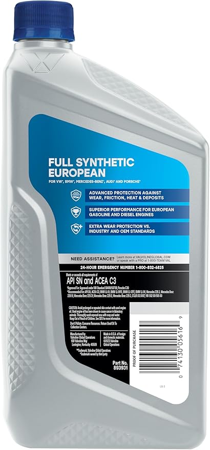 Valvoline European Vehicle Full Synthetic SAE 0W-30 Motor Oil 1 Quart