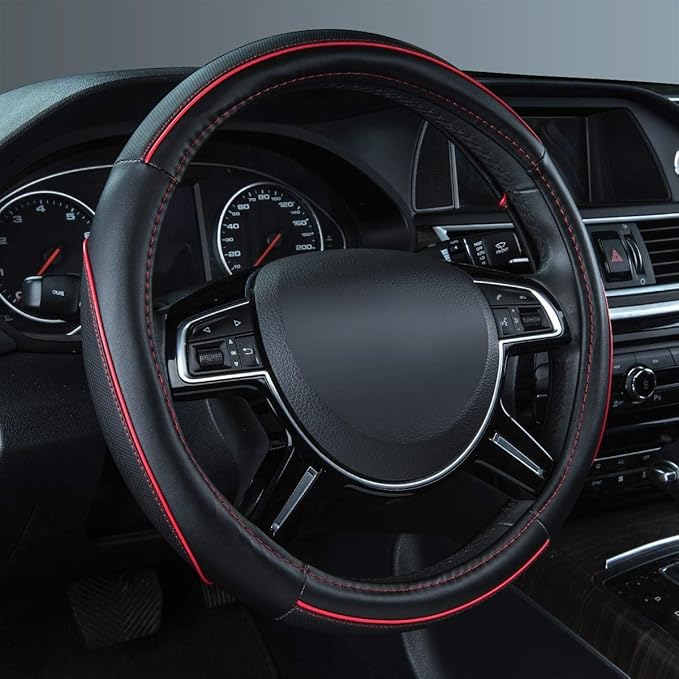 Car Pass Colour Piping Leather Steering Wheel Cover,Perfectly fit for 14.5-15 inches for Various Vehicles SUVs,Vans,Sedans,Cars (Black & Red)