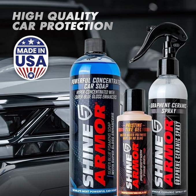 Wash and Shine Premium Car Cleaning Starter Kit - Spray Wash Soap, Tire Shine Gel, and Ceramic Spray