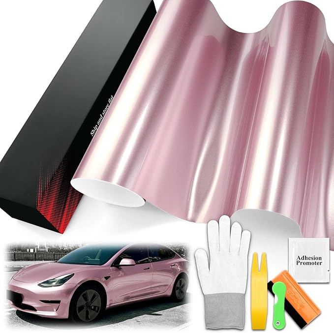 1.6FTx5FT PET Super Gloss Metallic Passion Pink High Glossy Vinyl Wrap Auto Car Sticker Decal Film Sheet Bubble Free Air Release Technology with Tool Set