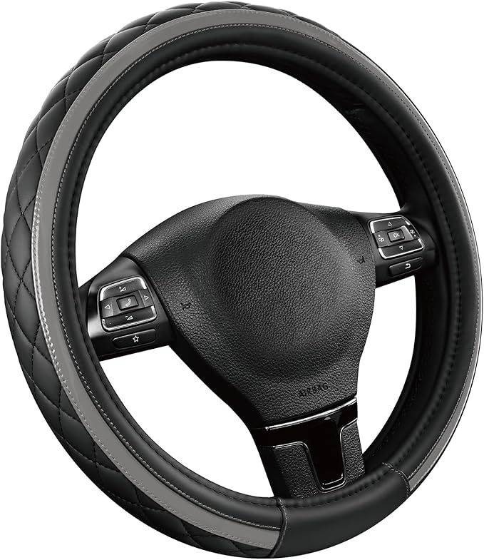 Road Comforts Leather Steering Wheel Cover – Black & Gray, Universal Fit 14.5-15 Inch, Microfiber Leather, Anti-Slip & Breathable Design for Men and Women