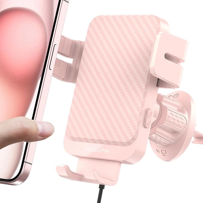 Wireless Car Charger, MOKPR 15W Fast Charging Auto-Clamping Car Charger Phone Mount Air Vent Cell Phone Holder Compatible iPhone 16/15/14/13/13 Pro/12 pro/12/11, for Samsung Galaxy S23/S22/S21, Pink