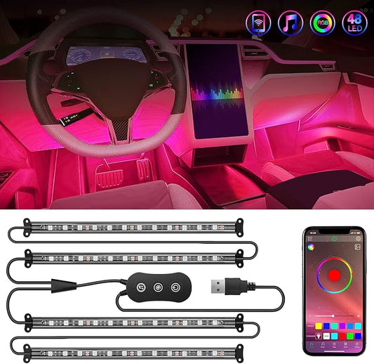 Nilight 4PCS USB Interior Car Lights 48 LEDs RGB LED Strips Lights with App Control Music Sound Active Mode Under Dash Footwell Ambient Lights 2 Line Design for Car Truck ATV UTV, 2 Years Warranty
