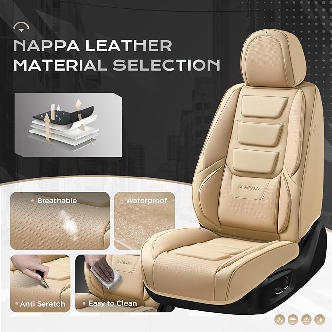 Coverado Car Seat Covers, Front Covers for Cars, Car Seat Cover Front Seats, Automotive Seat Cover, Waterproof, Leather Car Seat Cushion, Universal Interior Covers Seat Protectors for Most Cars Beige