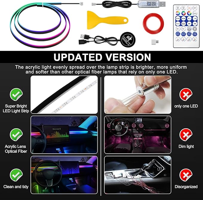 Dreamcolor Acrylic Interior Car LED Strip Light with Motion Sensor Switch, 55.1 inches Neon LED Strip Light, RGB Colors Ambient Lighting Kits