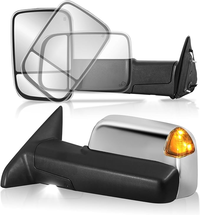 Power Heated Towing Mirrors Compatible for 2009-2018 Dodge Ram 1500 2500 3500, 2019-2024 Ram 1500 Classic w/LED Turn Signal Light Side Tow Mirror Manual Flip (Chrome)