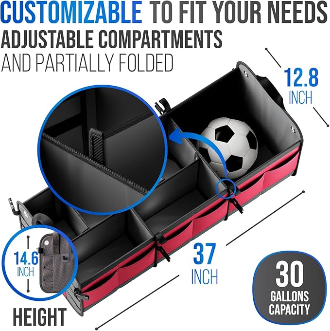 Car Trunk Organizer – Large Collapsible Storage Box with Adjustable Compartments – Heavy-Duty Cargo Organizer for SUV, Truck & Car – Non-Slip Waterproof Trunk Storage Bin for Groceries & Tools - XL