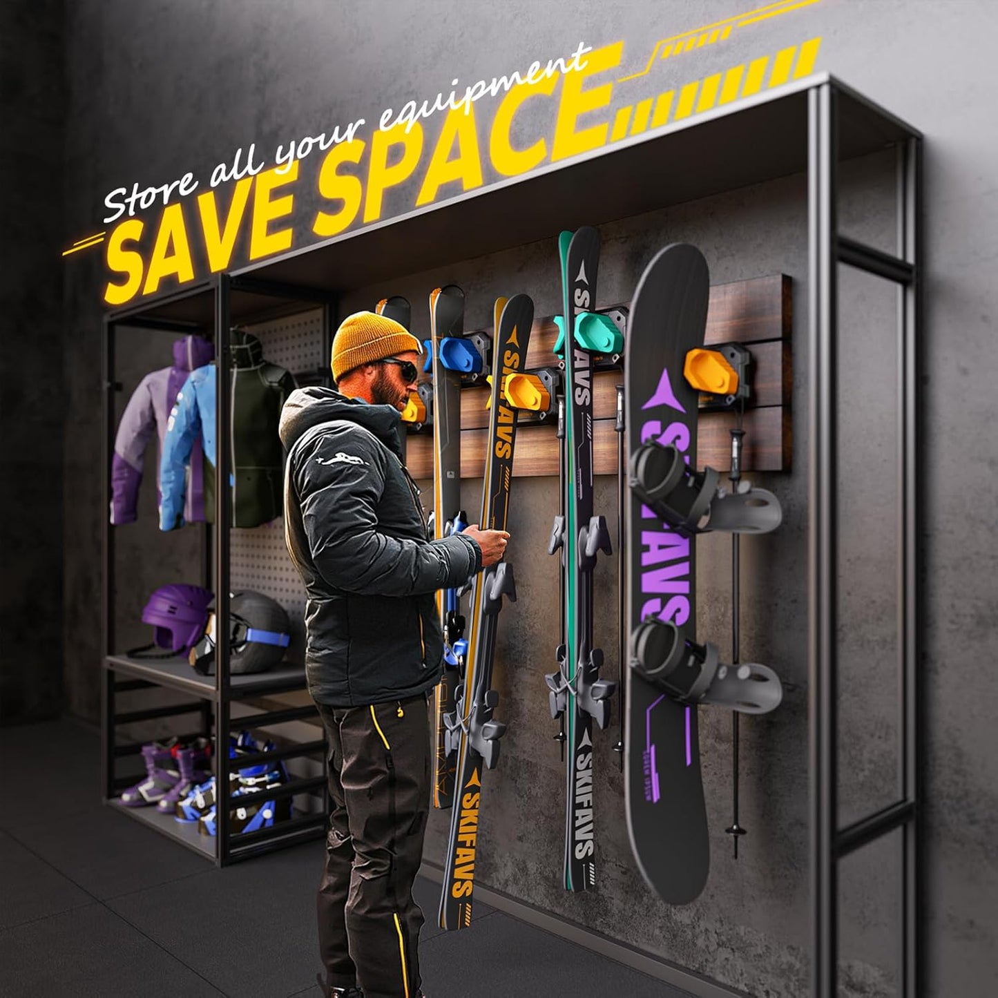 Wall Rack for Garage - Ski & Snowboard Holder, Damage-Free Storage, Yellow, 2 Pack