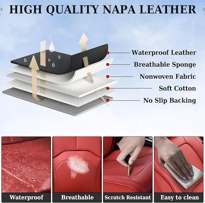 Coverado Car Seat Covers Full Set, Premium Nappa Leather Seat Covers for Car, Waterproof Car Seat Protector with Lumbar Support, Automotive Seat Covers Universal Fit for Most Cars SUV Truck, (Red)