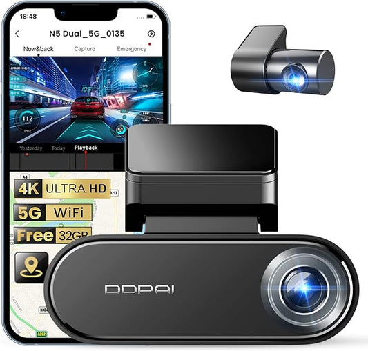 DDPAI 4K Dash Cam Front and Rear, 2160P+1080P Car Dash Camera, GPS 5G WiFi Dashcam for Cars, Free eMMC 32G Dual Storage Support 512G,Radar Motion Detection,Night Vision,72 Hour Parking Mode, N5 Dual