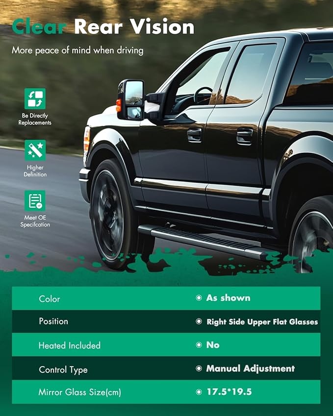 SCITOO Upper Flat Towing Mirror Glass Replacement with Right Passenger Side Mirror Lens Compatible with 1988-1998 For Chevy/For GMC C1500/K1500 1988-2000 For Chevy/For GMC C2500/K2500/K3500