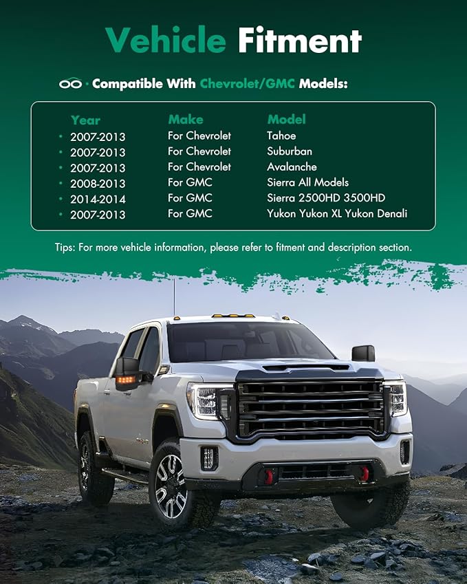 SCITOO Tow Mirrors Compatible with for 2007-2014 For Chevy Silverado For GMC Sierra(07 for New Body) Pickup Truck Power Adjusted Heated LED Turn Signal Width Light Black Towing Mirrors LH RH