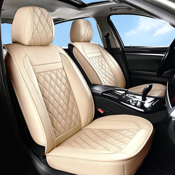 Huidasource Beige Car Seat Covers Front Seats, Front Seat Cover for Cars, Nappa Leather Automotive Car Seat Cushion Protector Universal Fit for Most Cars,Vans,Trucks, SUVs (Front Pair/Beige)