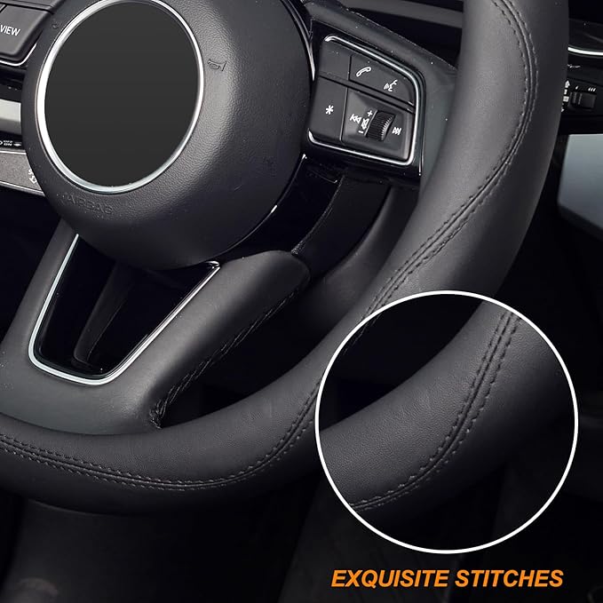 KAFEEK Black Steering Wheel Cover, Universal 15 inch, Microfiber Leather Black, Soft and Odorless, Durable Leather Cover with Anti-Slip Lining