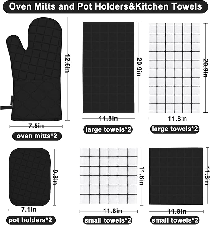 Oven Mitts Kitchen Towels and Dishcloths Pot Holders Sets, Oven Gloves Kitchen Dish Towels 500 Degree Heat Resistant Potholders with Non-Slip Silicone Surface for Cooking, Grilling, Baking-Black
